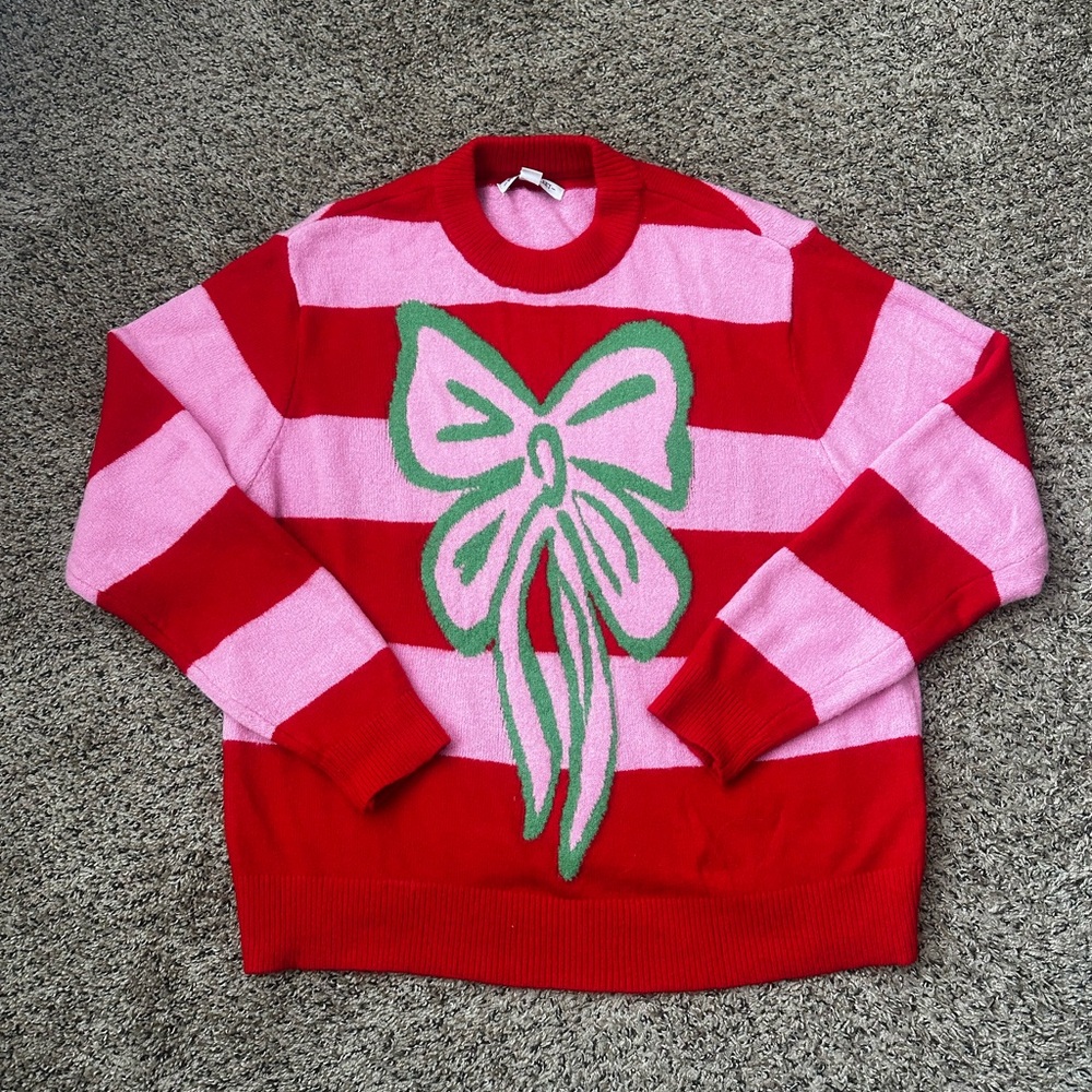 Vibrant Striped Sweater with Bow Accent